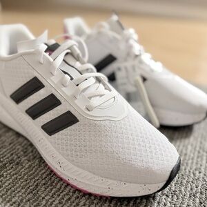 adidas Originals White Sneakers with Black Stripes and Pink Trim